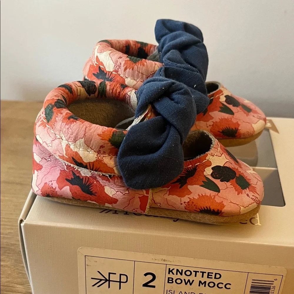 Freshly Picked Pink Floral Moccasins with Navy Knotted Bow